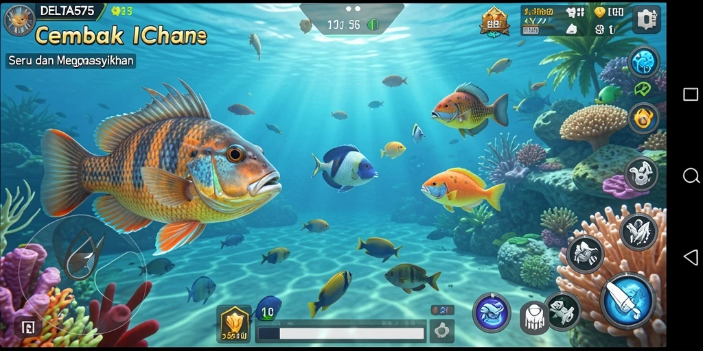 Tampilan gameplay DELTA575 dengan aksi menembak ikan yang seru.