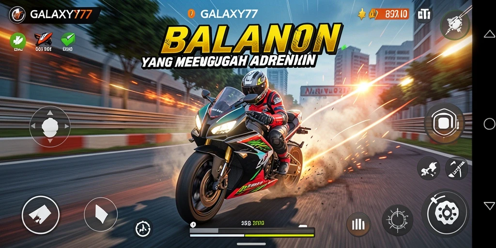 Screenshot gameplay GALAXY77 menunjukkan balapan motor yang mendebarkan.