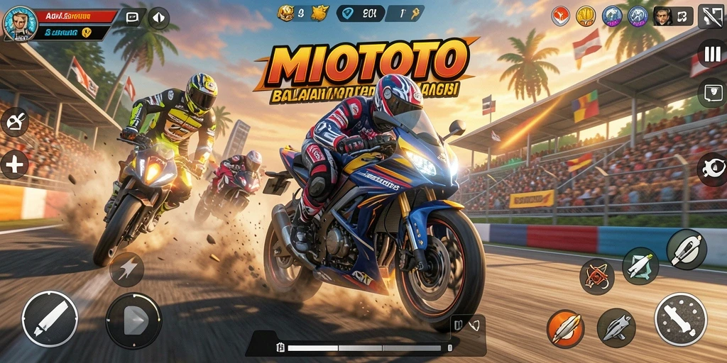 Tampilan balapan mendebarkan dalam MIOTOTO dengan motor dan trek yang beragam.
