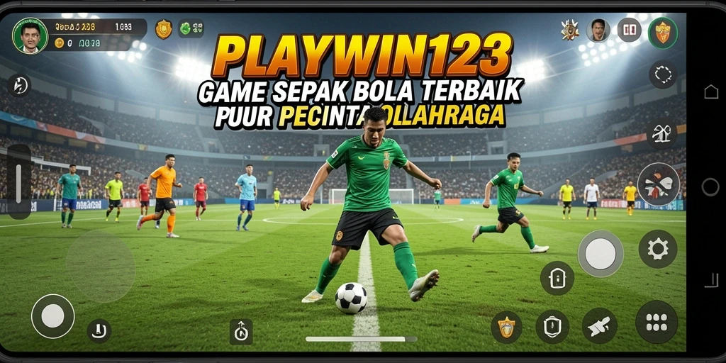 Tangkapan layar utama <strong>PLAYWIN123</strong> menunjukkan aksi mendebarkan di lapangan sepak bola.