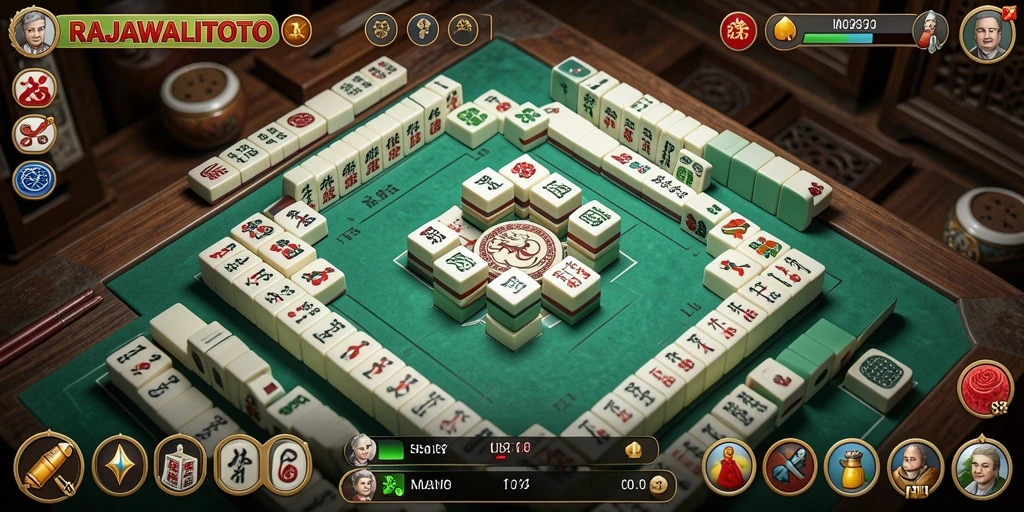 Tampilan gameplay menarik dari RAJAWALITOTO dengan ubin Mahjong penuh warna.