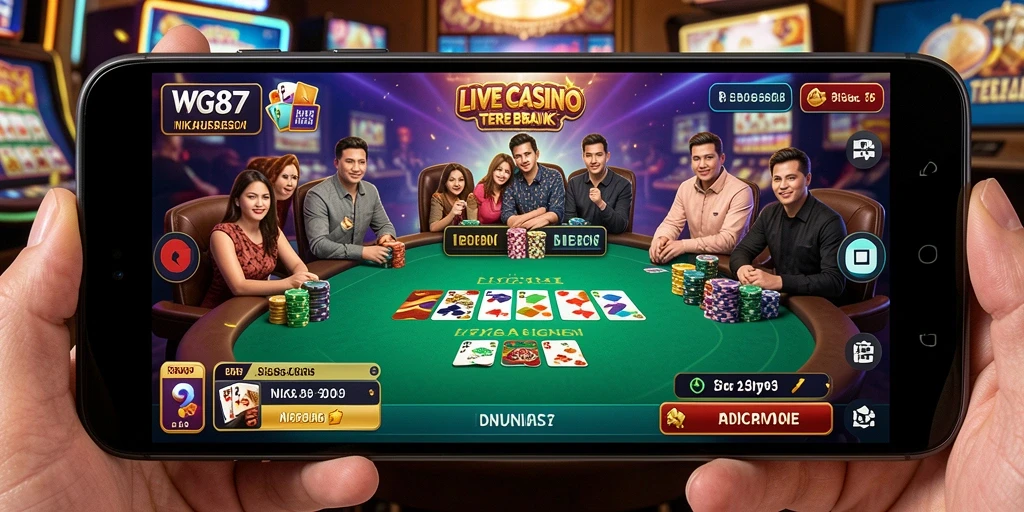 Screenshot gameplay WG87 menampilkan dealer langsung dan suasana kasino yang nyata.